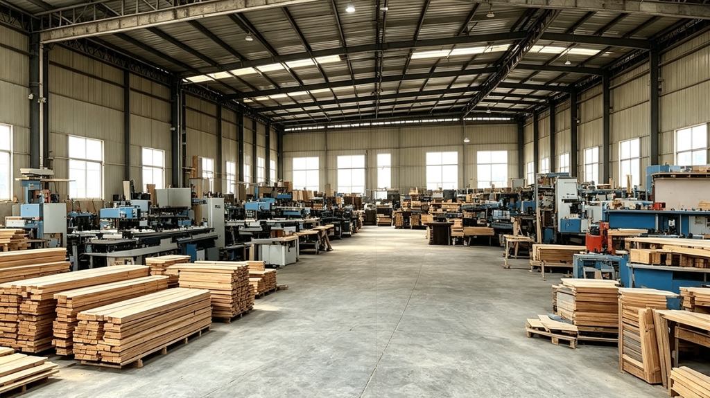 Full view of our solid wood crafts production workshop with CNC carving machines and raw wood storage
