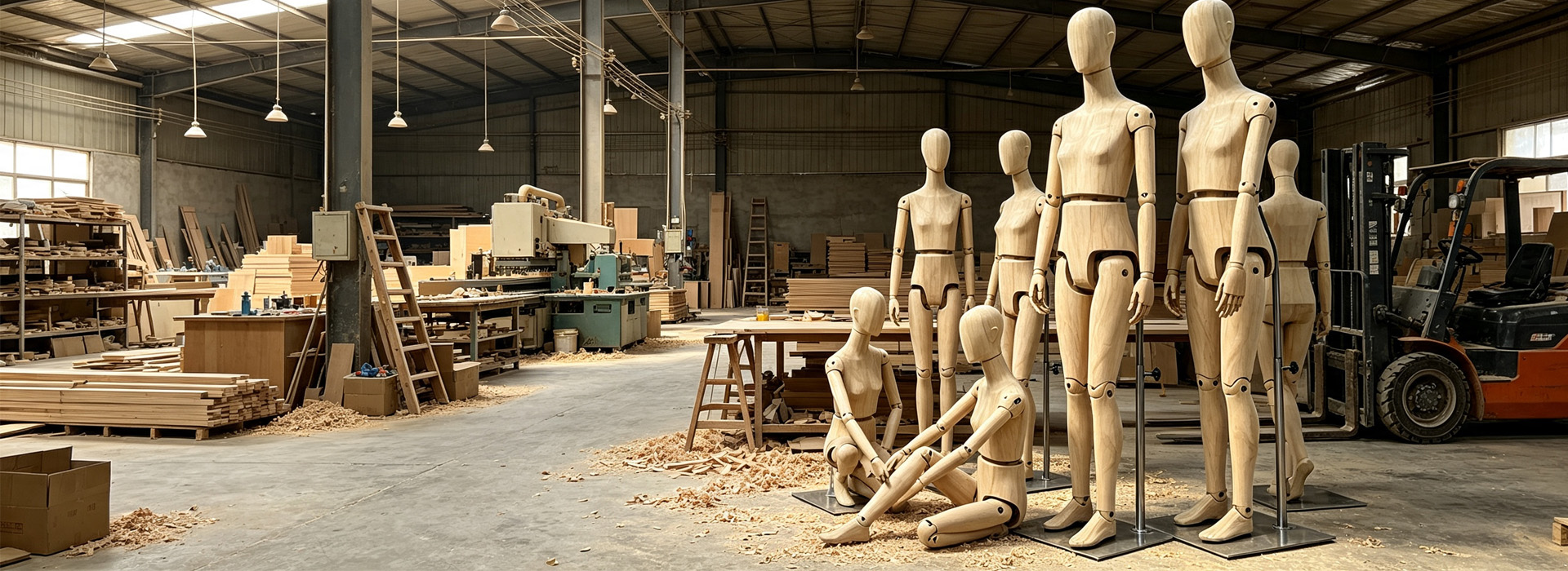 1.8m solid wood articulated mannequins, full-body wooden dress forms, real wood carving workshop factory banner image