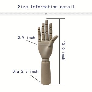 Painted female wooden mannequin hand size chart, height 12.6 inch, finger width 2.9 inch, base diameter 2.3 inch