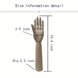 Size chart for articulated beech wood mannequin hand with arm, total height 15.4 inch, finger width 2.9 inch, base diameter 2.3 inch