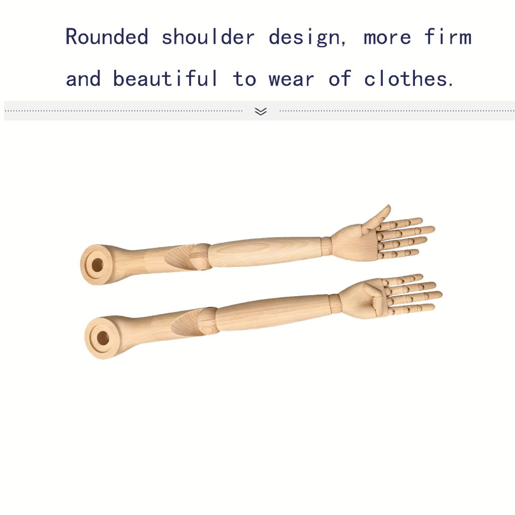 Wooden mannequin arms with rounded shoulder design, showing natural wood texture and articulated fingers