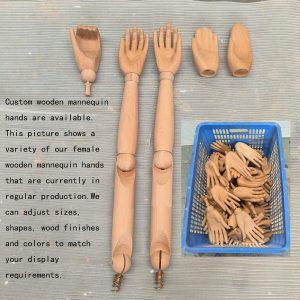 Various female wooden mannequin hands & spring arms, custom shape, size & wood finish available