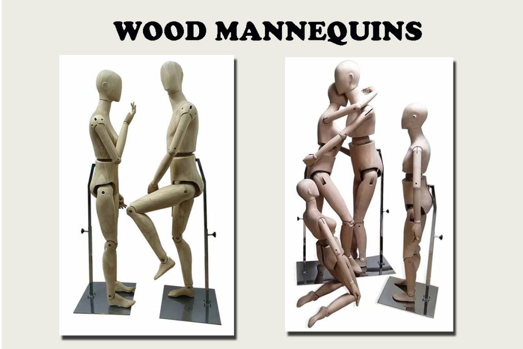 Articulated solid wood full body mannequins, adjustable wooden dress forms for clothing store window display