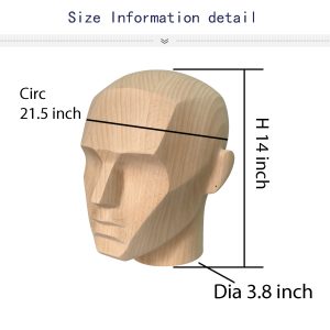 Size chart of beech wood male mannequin head, 21.5 inch circumference, 14 inch height, 3.8 inch base diamete