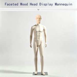 Full body male mannequin with faceted wooden head, white dress form for clothing retail display