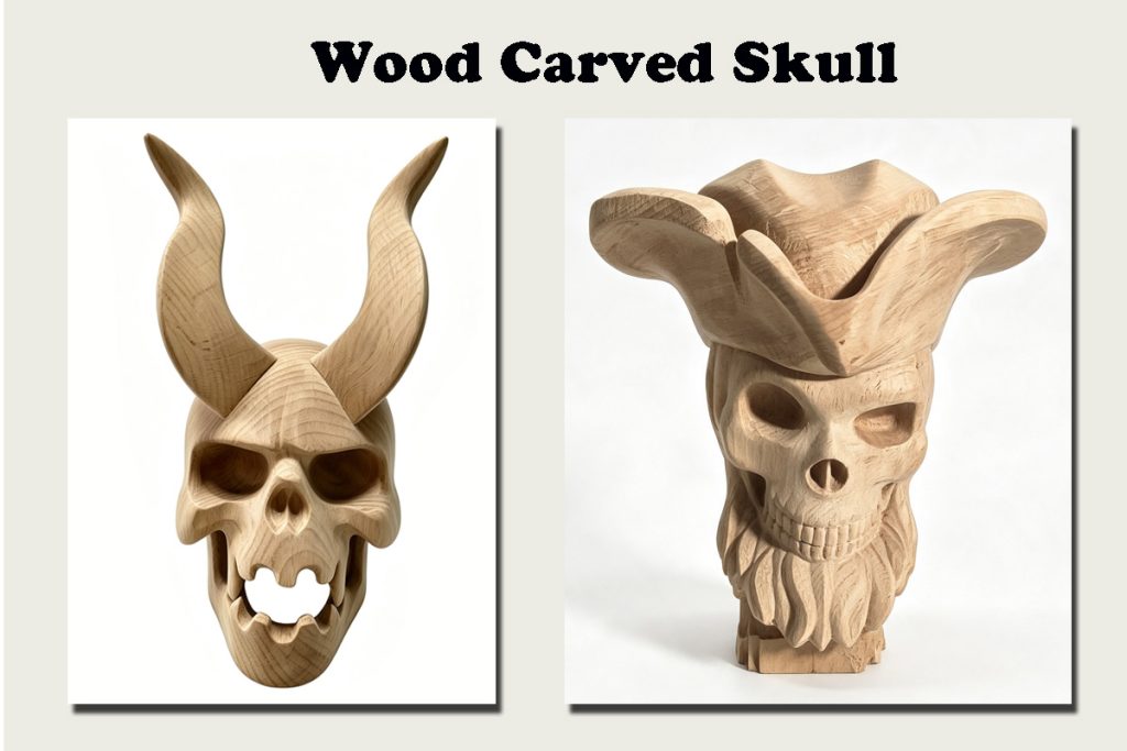 Hand carved solid wooden skull ornaments, horn & cowboy wood skull crafts for wholesale